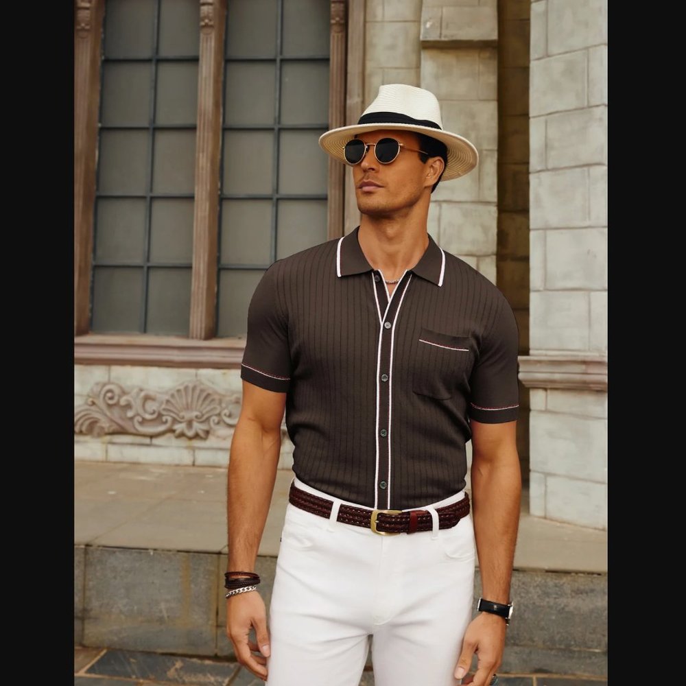 Men's Short Sleeve Full Placket RIVIERA Knit Polo Shirt Piped MOD 60s Dark Brown
